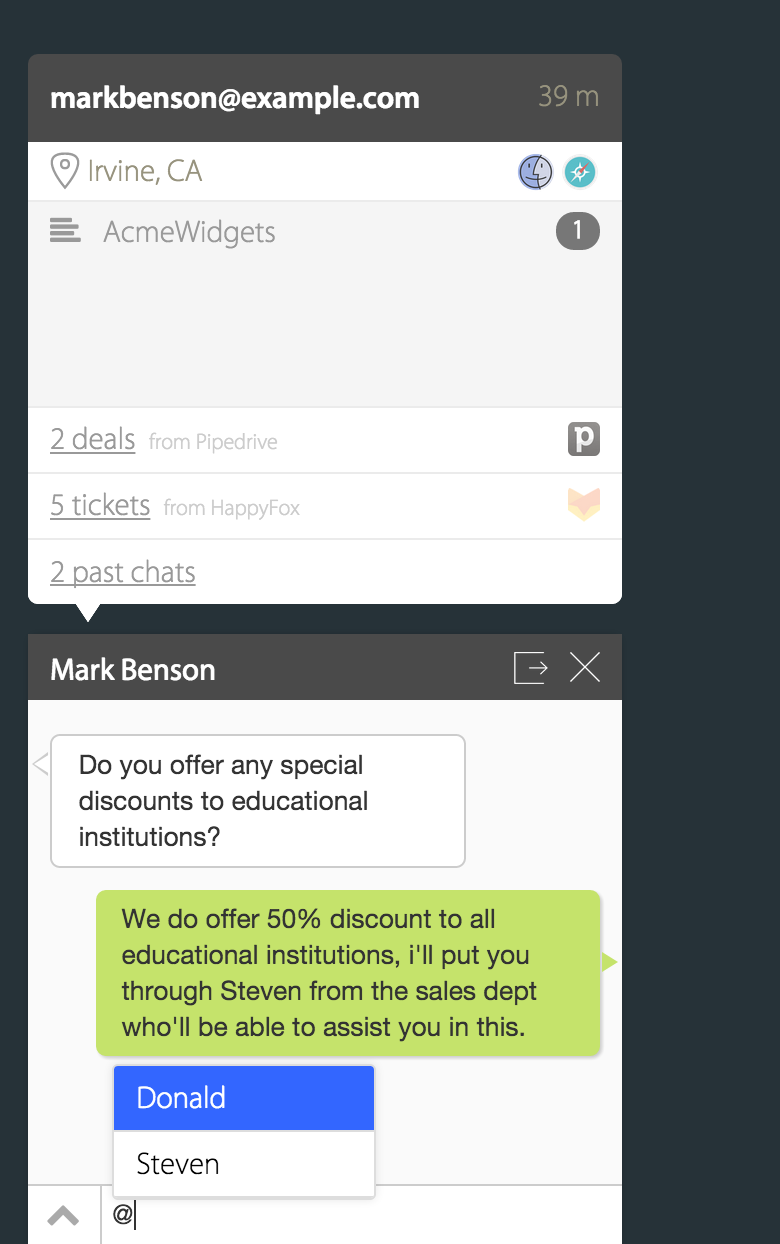 Integration details in chat widget