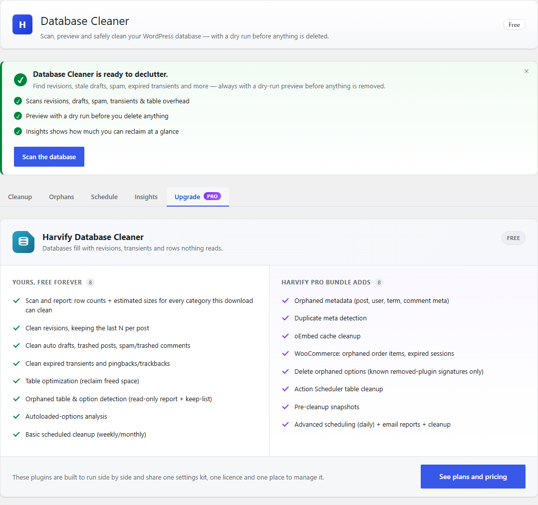 What the free tier cleans, and what a licence adds.