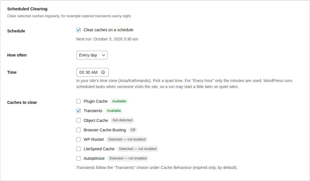 Dashboard widget with the last clear, the next scheduled clear and a Clear All Cache button.