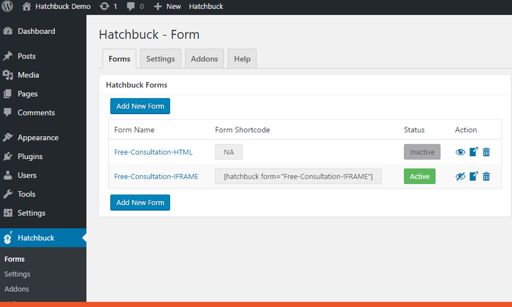 This is the main page where you can add and manage your Hatchbuck forms.