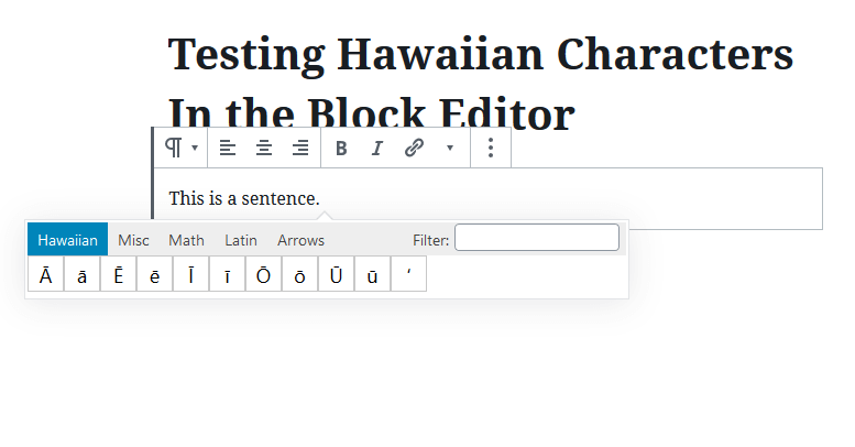 The character map showing Hawaiian characters in the Block Editor (requires [Insert Special Characters](https://wordpress.org/plugins/insert-special-characters/))