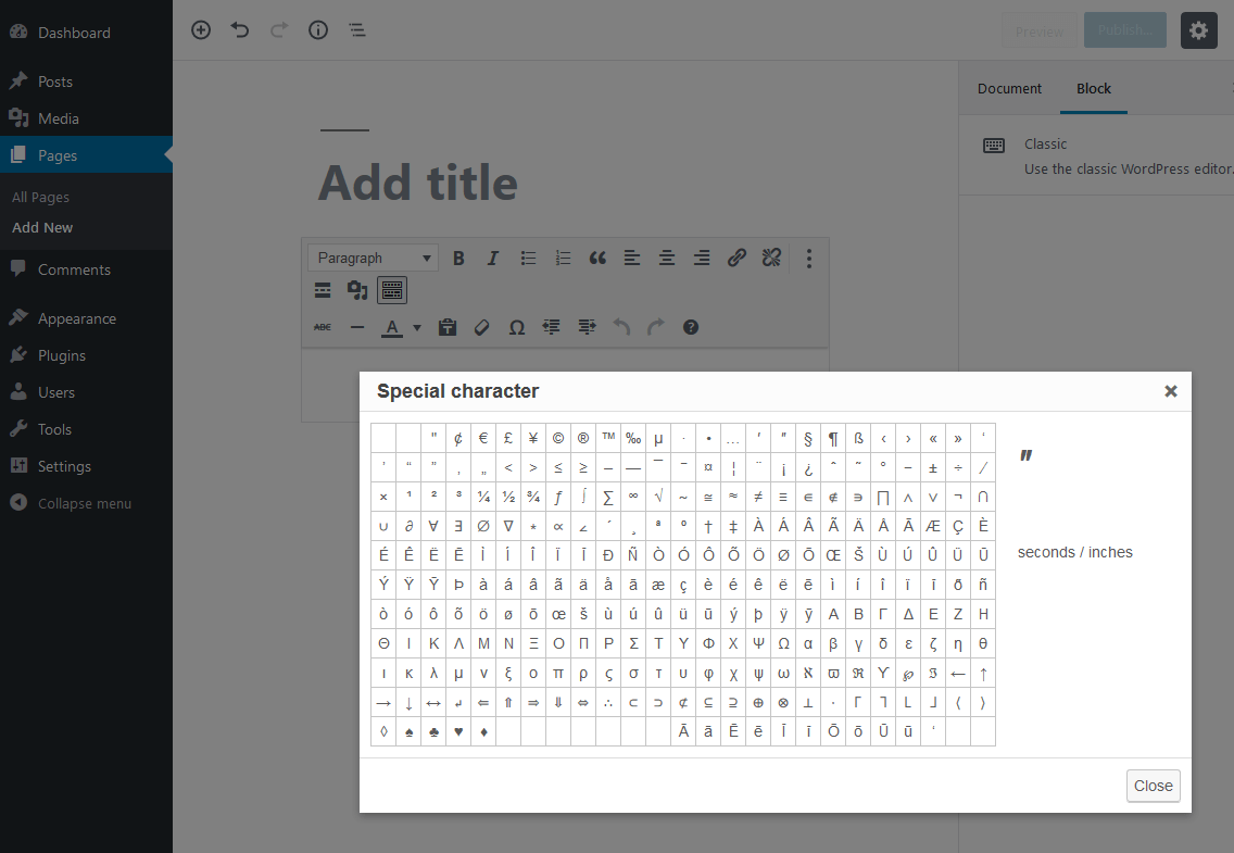 The character map with Hawaiian Characters in the Block Editor's "Classic" block