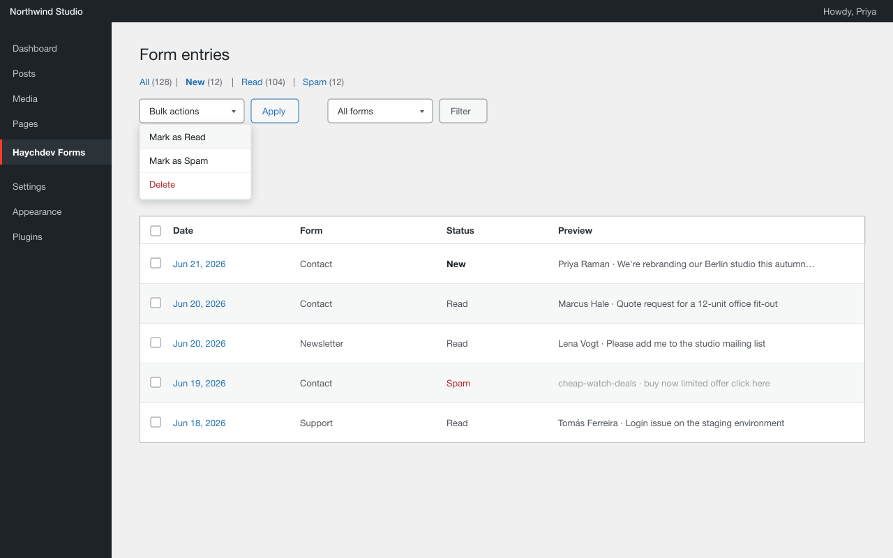 The admin entry viewer with per-form filtering and bulk actions.