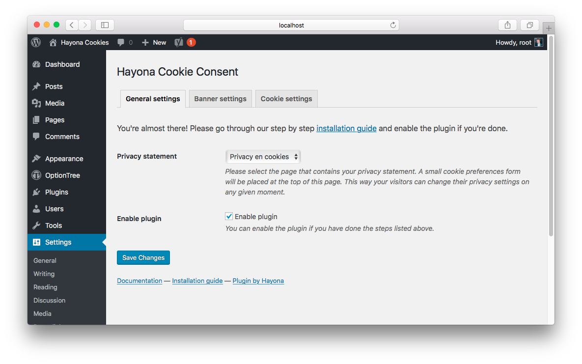 Customize the plugin through the options page under Settings » Cookie Consent