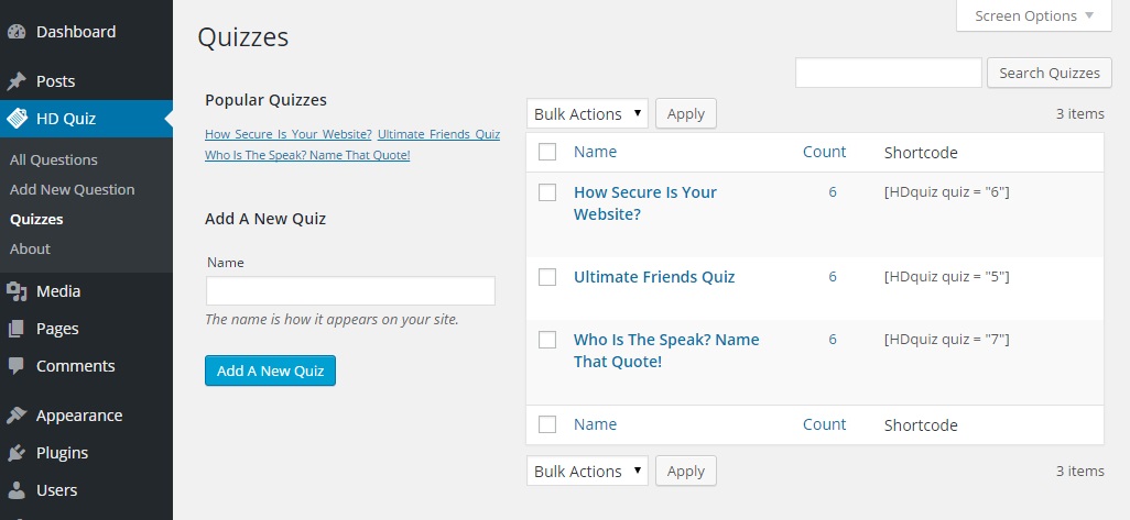 Quizzes Page