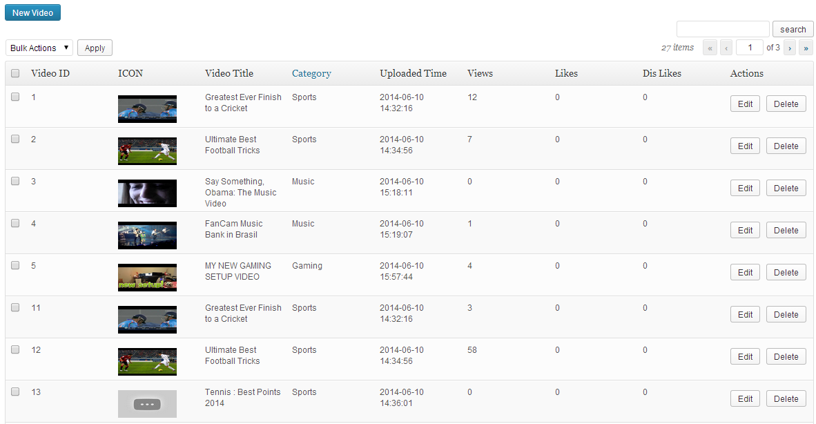 Video listing page