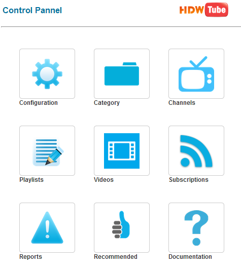 HDW Tube admin, control panel page