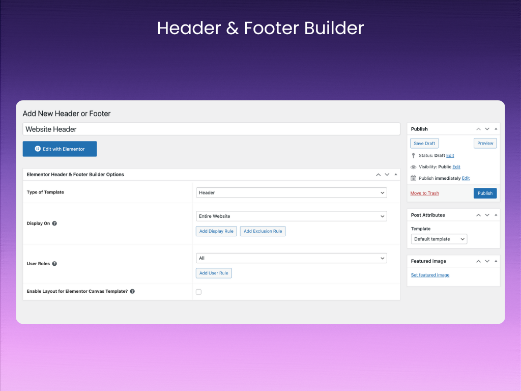 Go to Appearance -> Elementor Header & Footer Builder to create a new template.
