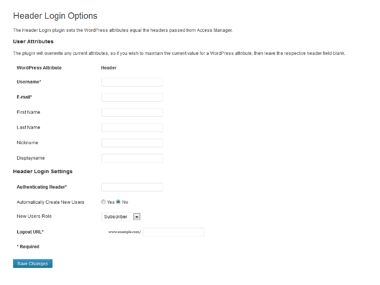 Settings Page for Single Site