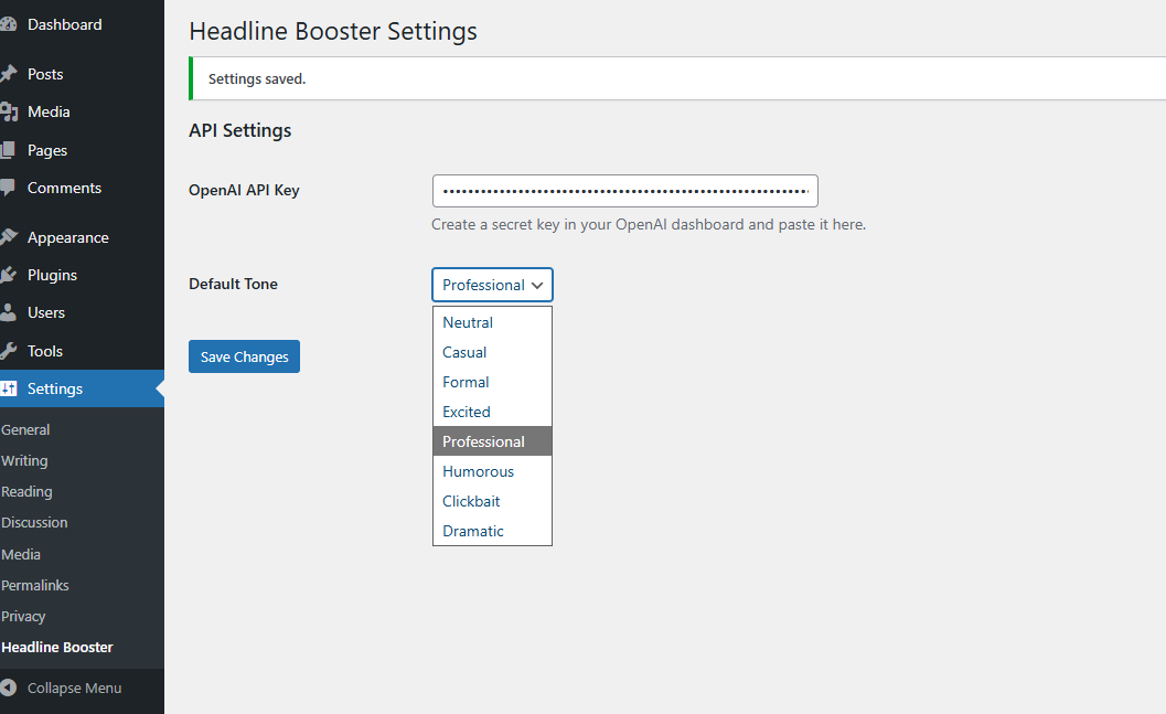 Settings page for entering your OpenAI API key and selecting tone
