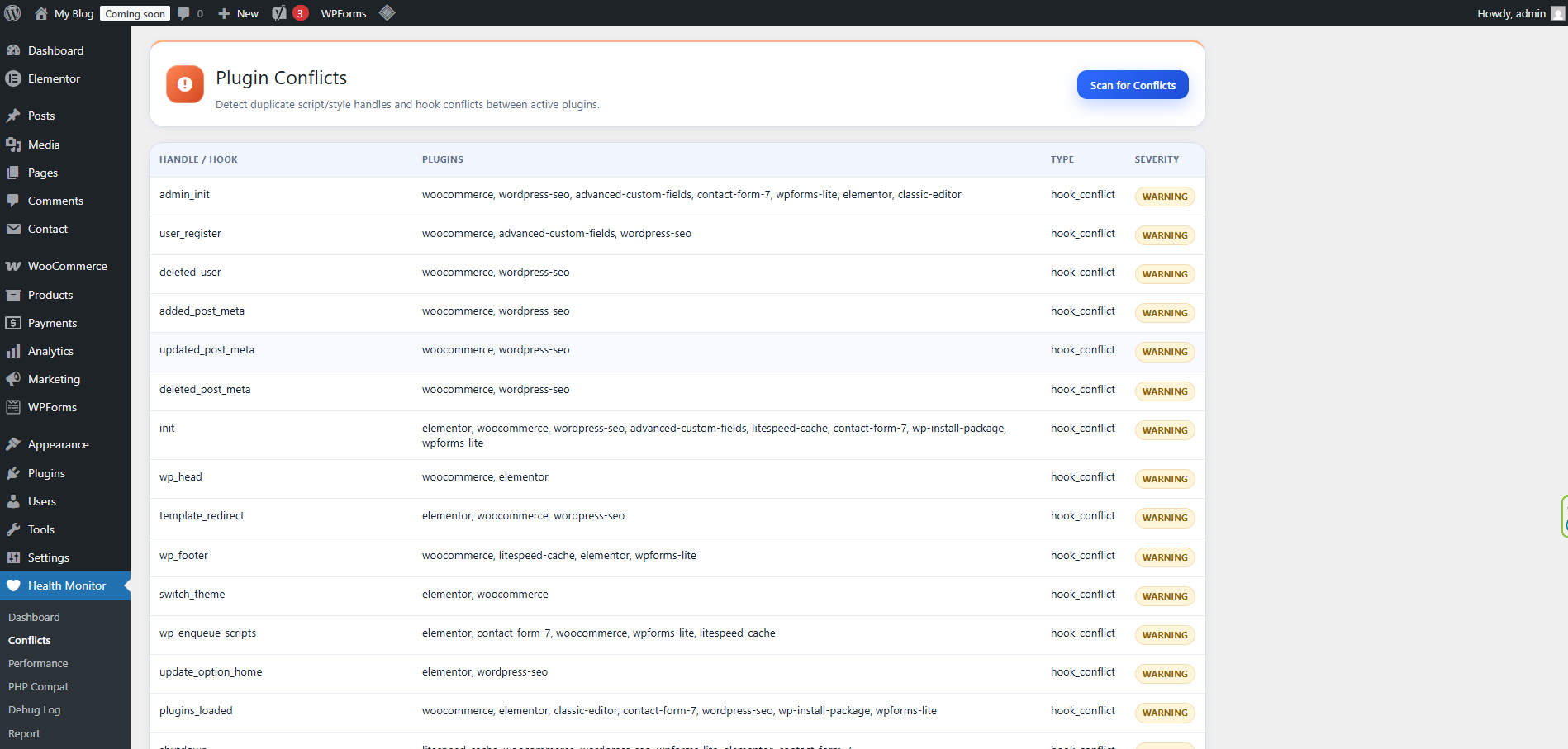 **Plugin Conflicts Detector** — Visual display of duplicate script/style handles, hook collision matrix, affected plugins list, and actionable recommendations for conflict resolution.