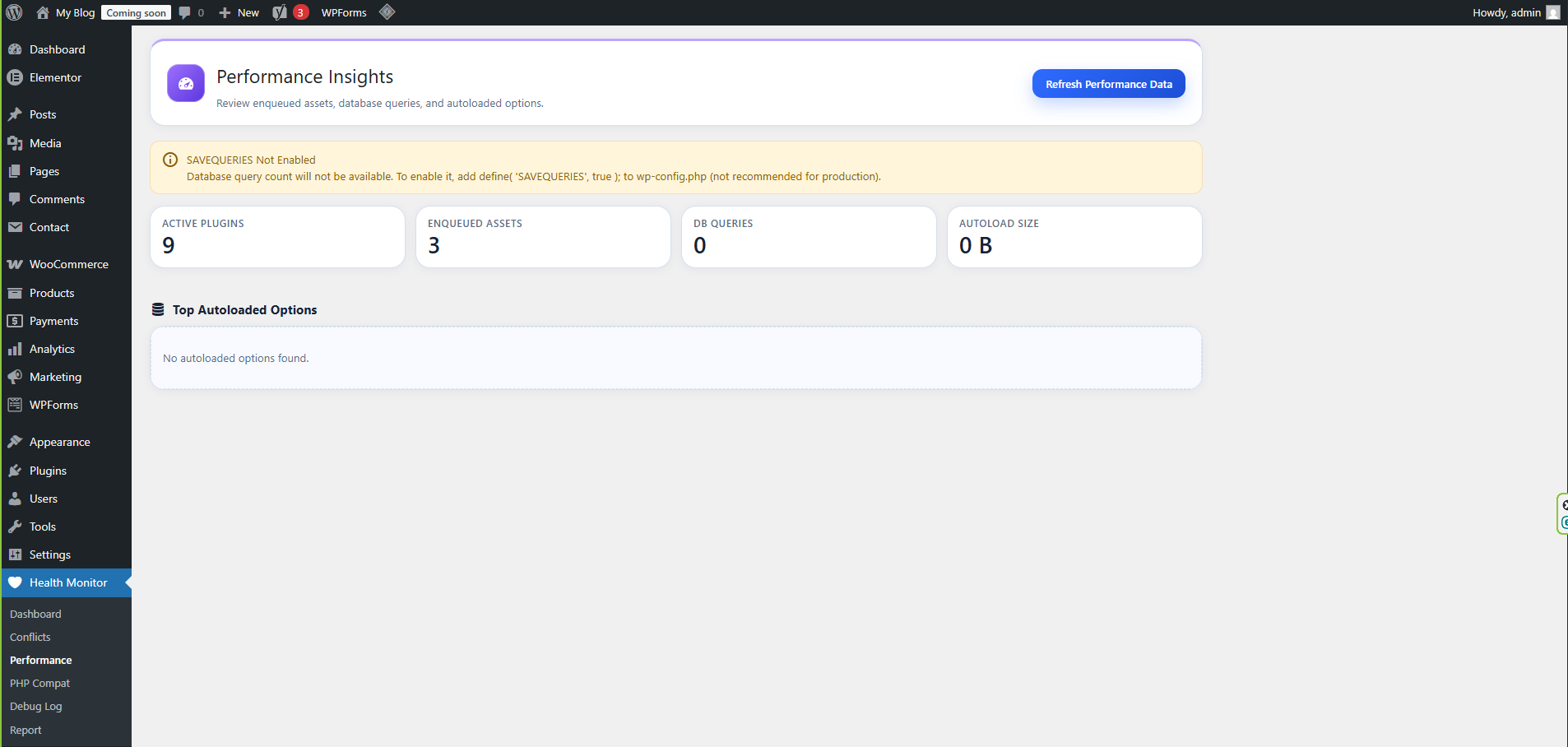 **Performance Analytics Panel** — Asset count breakdown, CSS and JavaScript payload estimation, database query counter, autoloaded options bloat report, and weighted health scoring metrics.