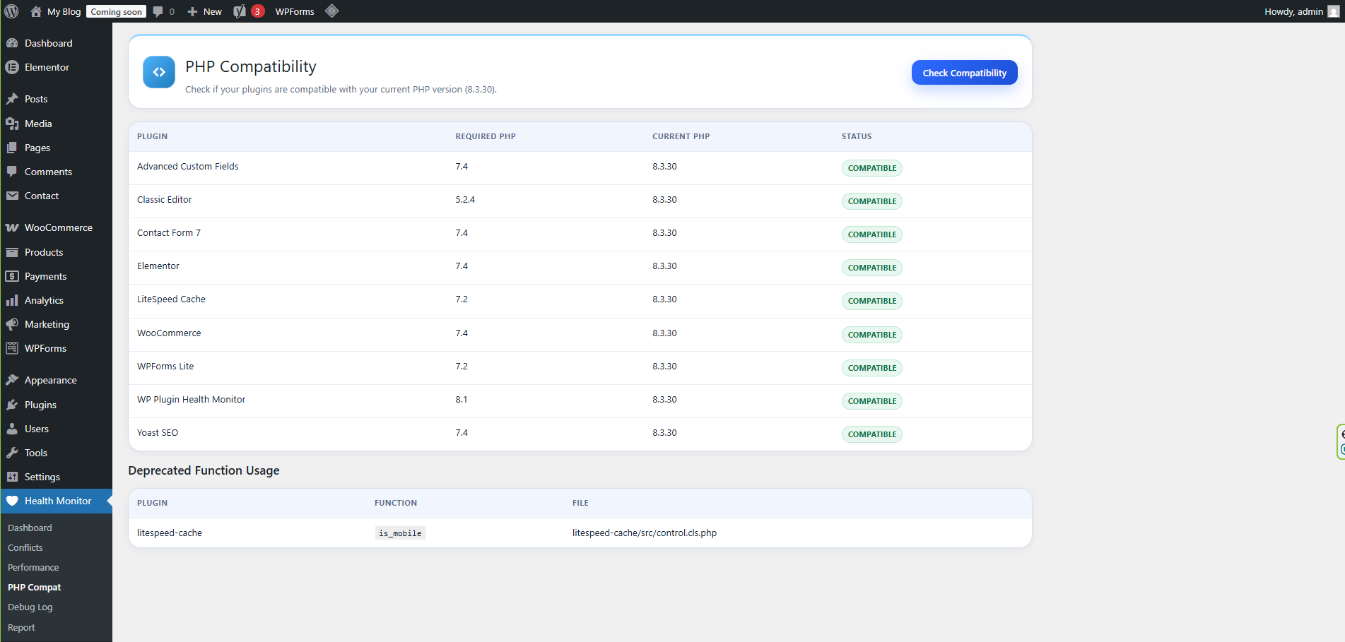 **PHP Compatibility Audit** — Per-plugin PHP version requirements vs. active server version, incompatibility warnings, deprecated WordPress function scanner, and migration recommendations.
