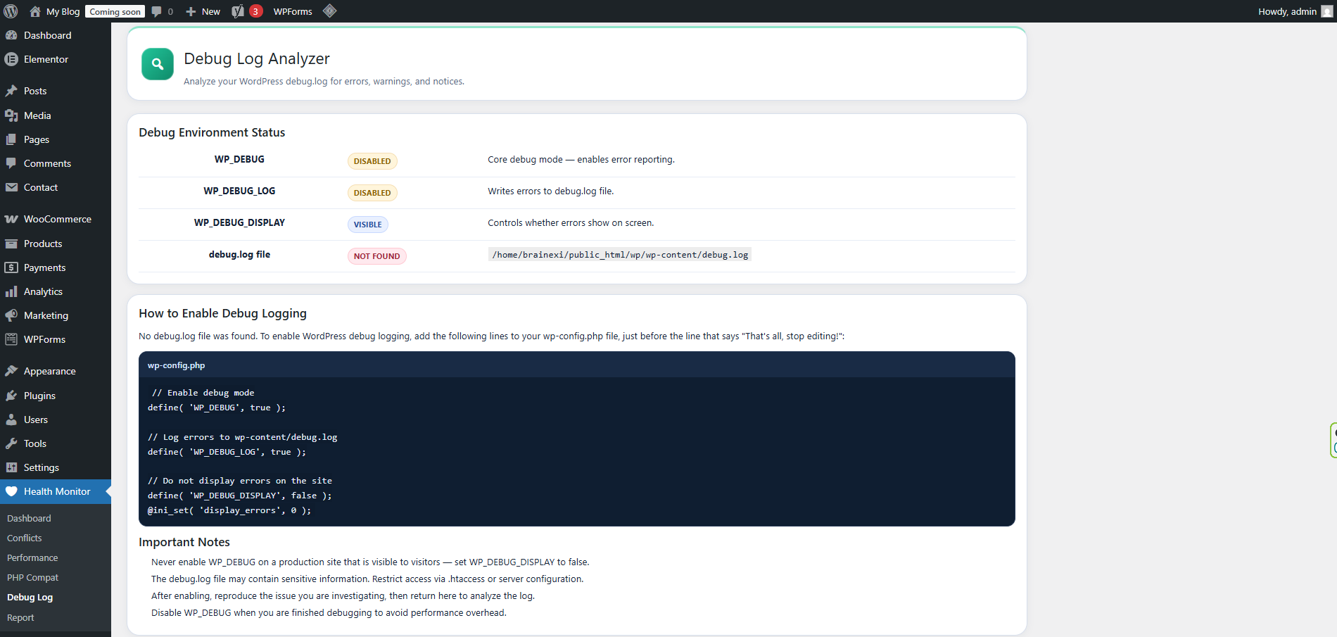 **Debug Log Analyzer** — Real-time error parsing with fatal/warning/notice categorization, stack trace attribution to specific plugins, error frequency trending, and quick links to problematic plugins.