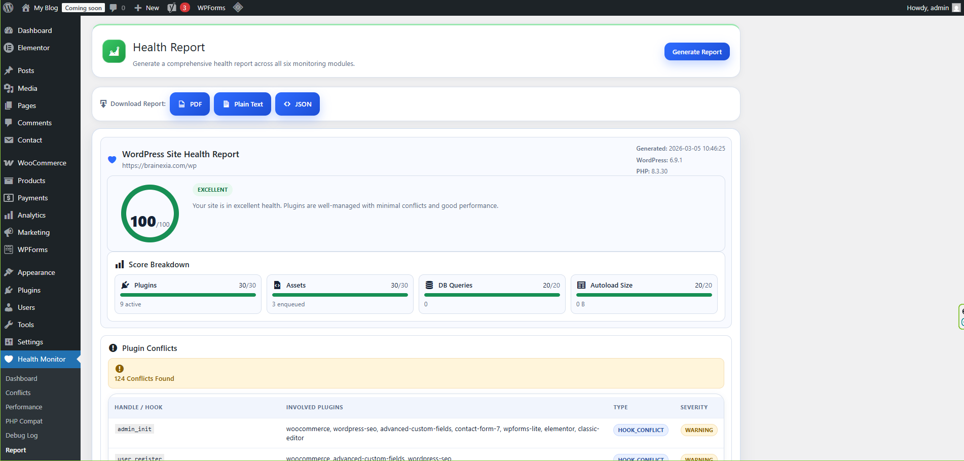 **Health Report Generator** — Comprehensive single-page audit report with all module data, Export to JSON for programmatic use, print-to-PDF via browser, and shareable HTML snapshots.