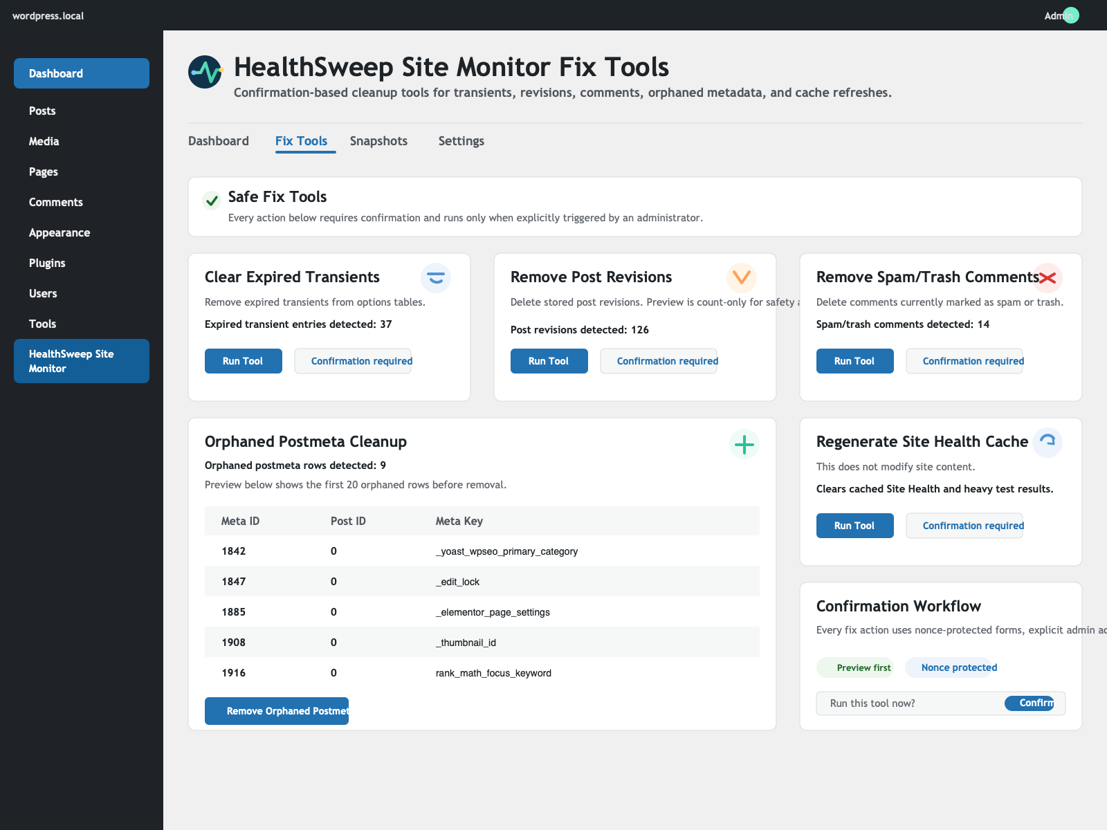 Fix Tools screen with confirmation-based cleanup actions for transients, revisions, comments, orphaned postmeta, and Site Health cache refresh.