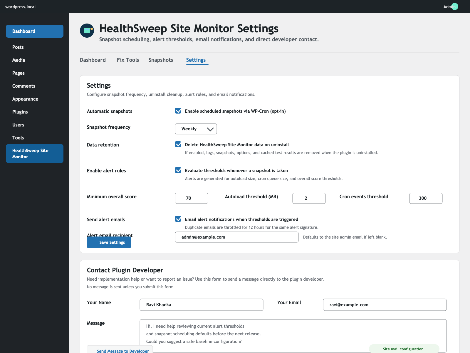 Settings screen with snapshot scheduling, uninstall cleanup, alert thresholds, email notifications, and developer contact form.