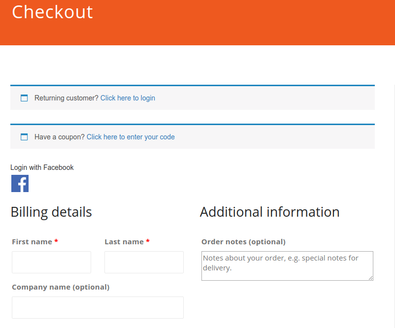 **Facebook Login - WooCommerce checkout page**: Facebook Login button at WooCommerce checkout page