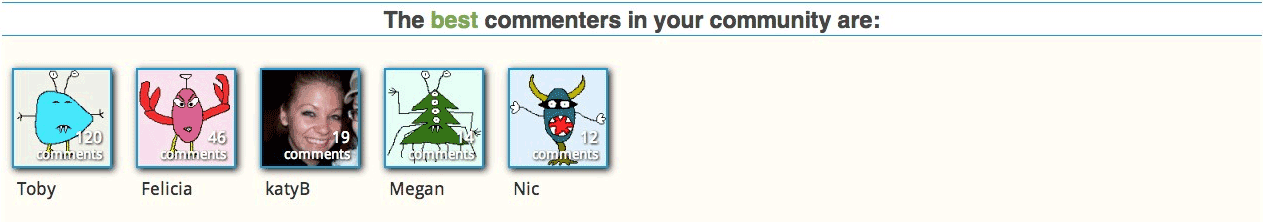 A list of the five best commenters. Displays their avatars, number of comments, and their "nice names".