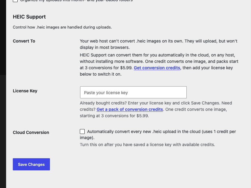 The settings at Settings > Media > HEIC Support in the dashboard when the server does not support free conversion.