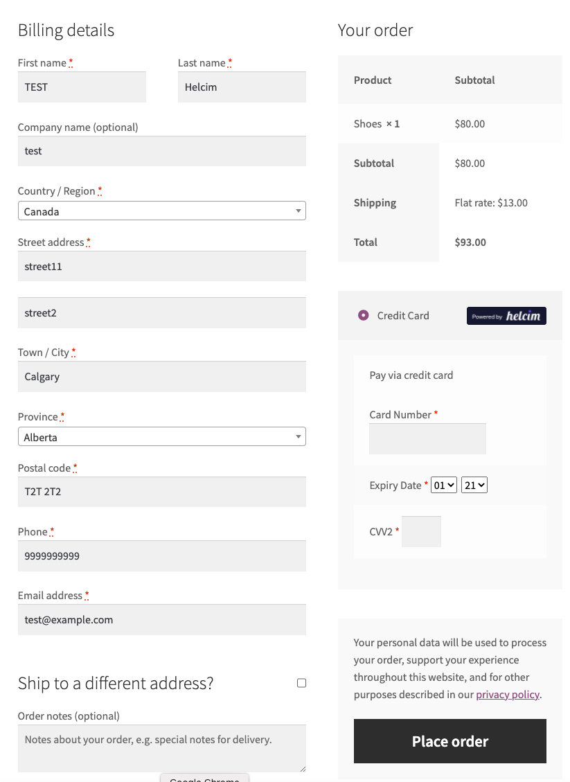 Helcim Commerce for WooCommerce - Checkout page example #1