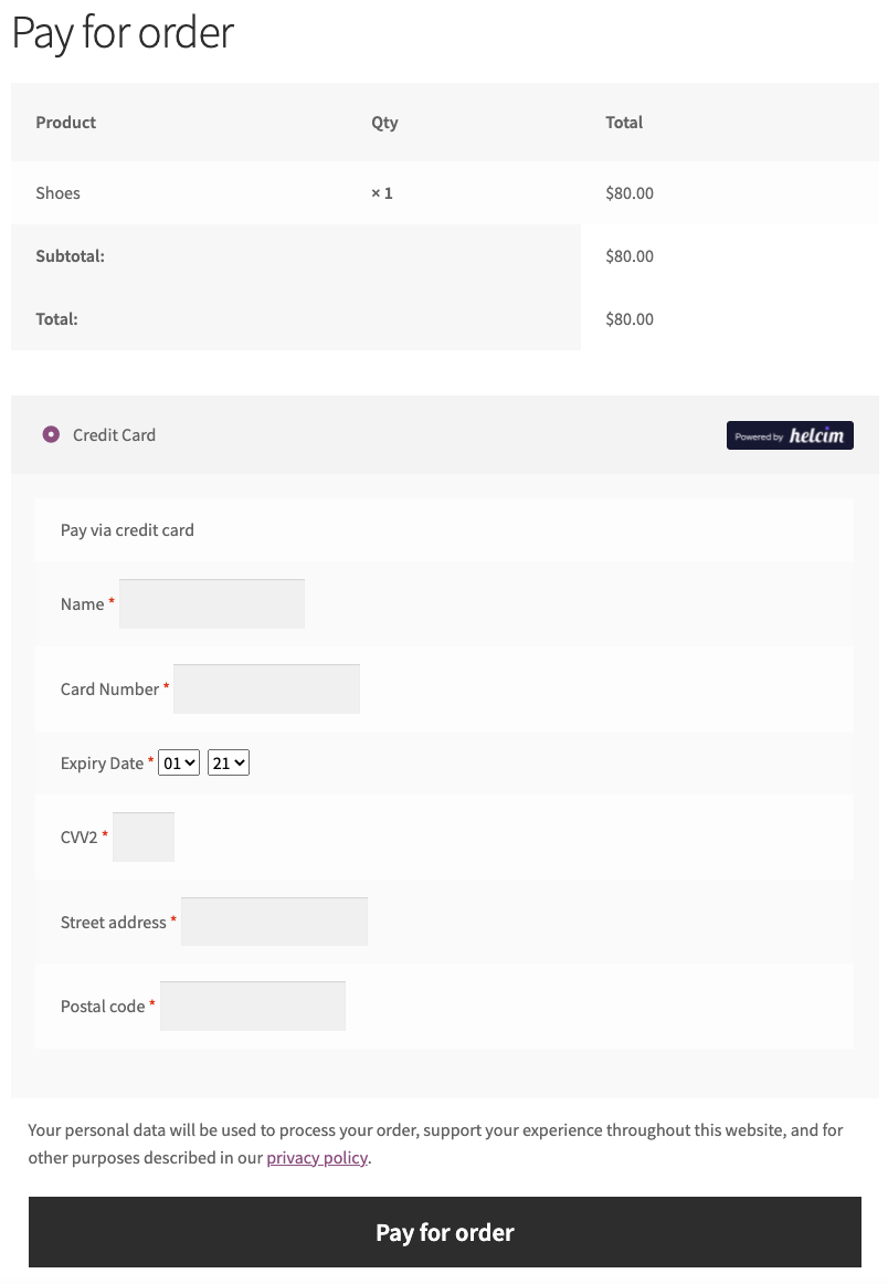 Helcim Commerce for WooCommerce - Checkout page example #2