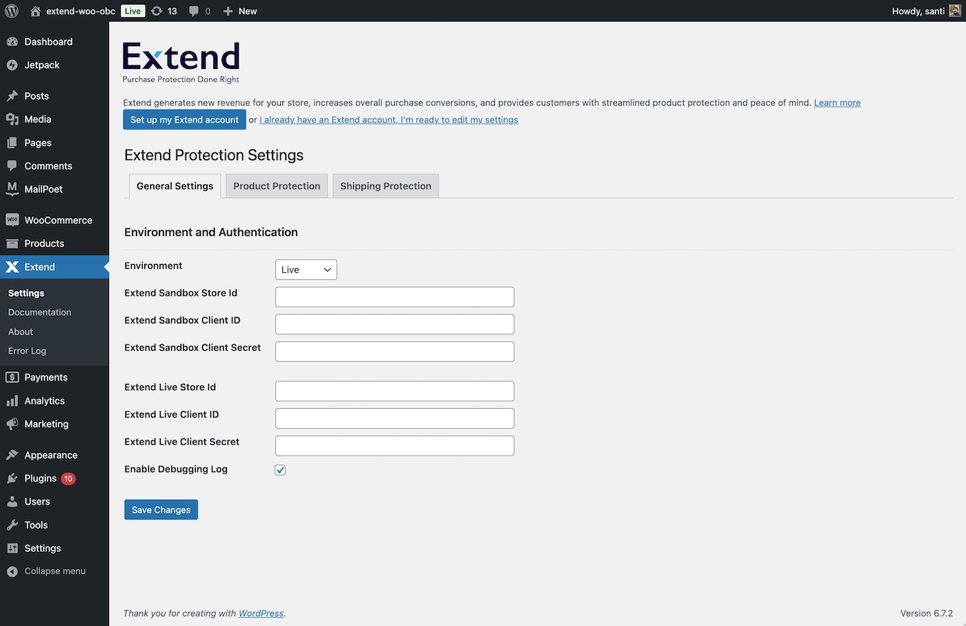 Extend's settings page in wp-admin.