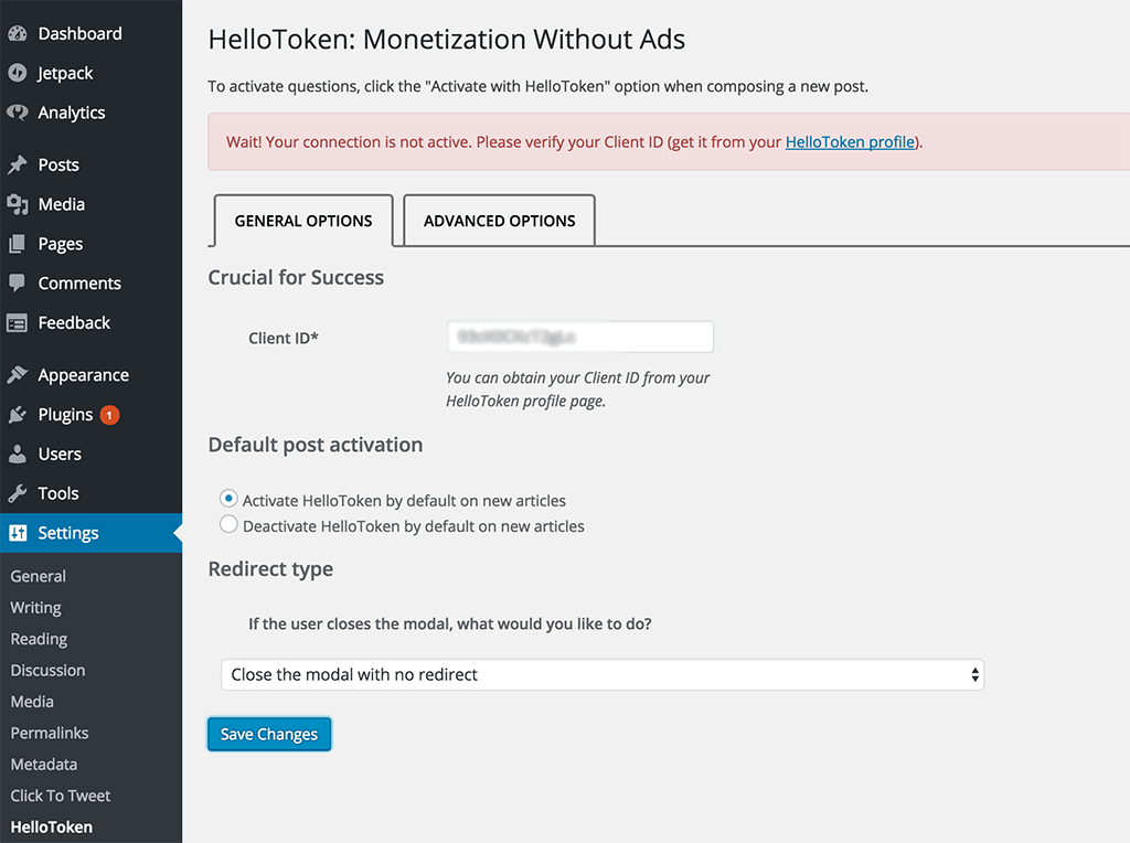 HelloToken settings page. If you see this red banner, then there is something wrong with your ID. Double check that you entered everything correctly until you see the green banner.