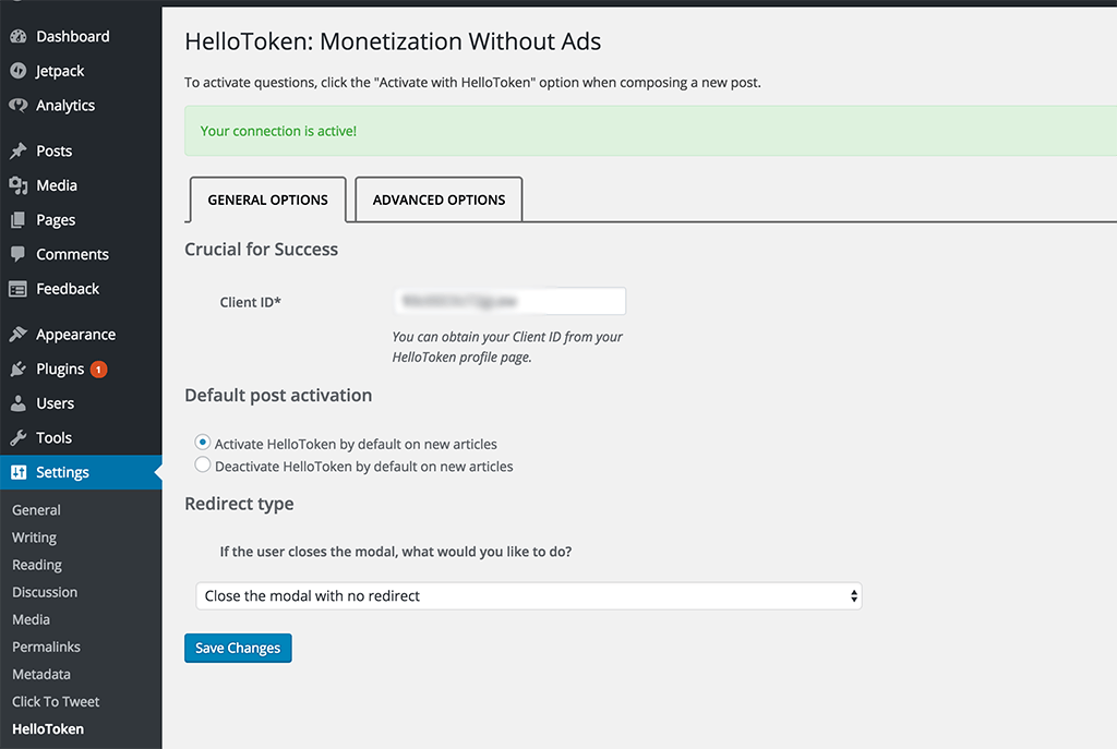 HelloToken settings page. A green banner will show up when your connection is active.