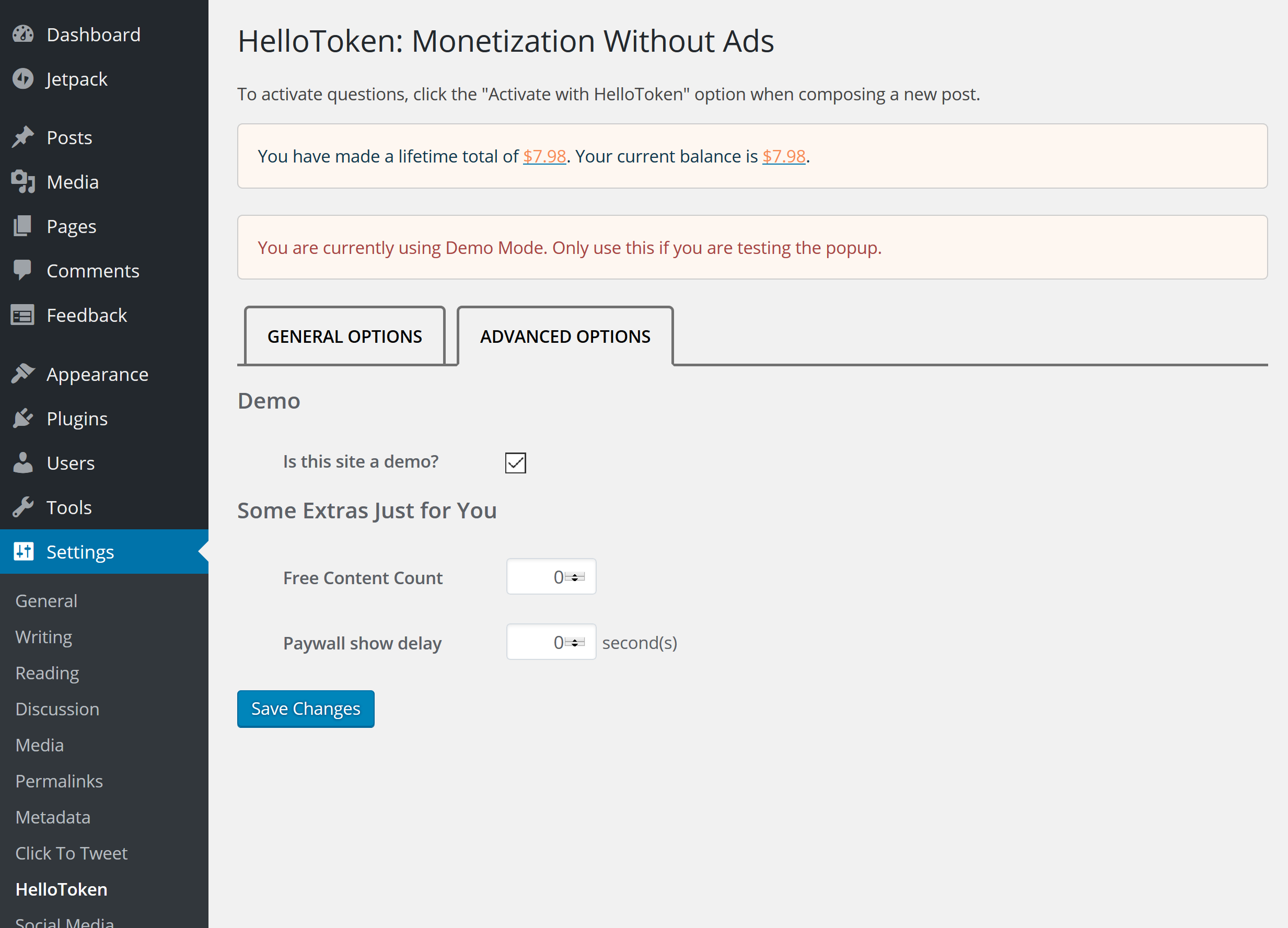 Set “Demo” under Advanced Settings to test your installation. If we don’t have any questions in our database for your website, no questions show up on your activated site (unchecked). Checking Demo will allow you to check if HelloToken is working on your site by showing test questions. Just remember to turn it off after testing!