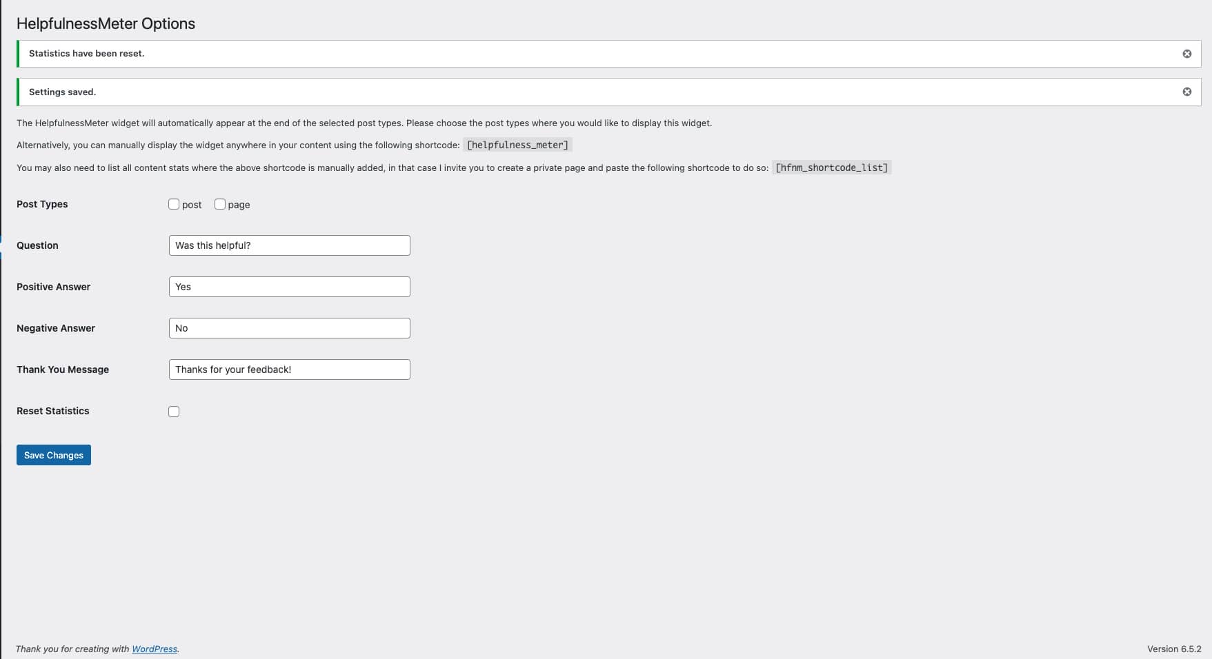 The admin interface for configuring HelpfulnessMeter settings.
