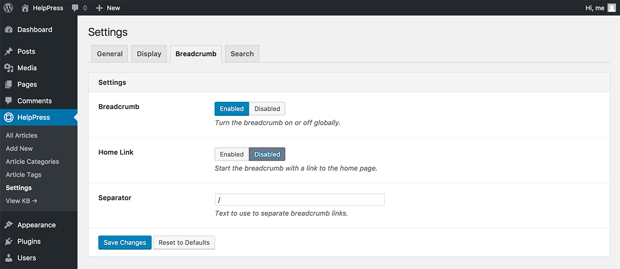 Breadcrumb settings.