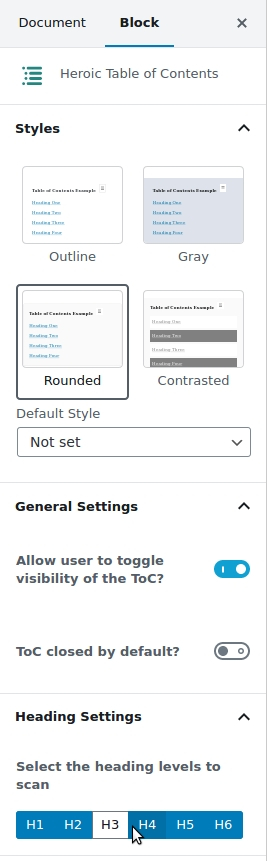 包含 4 个构建的风格，可折叠的内容列表并选择要包含/排除的标题