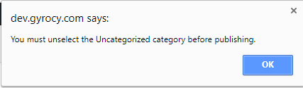 This screenshot shows an alert that you have selected the Uncategorized category.