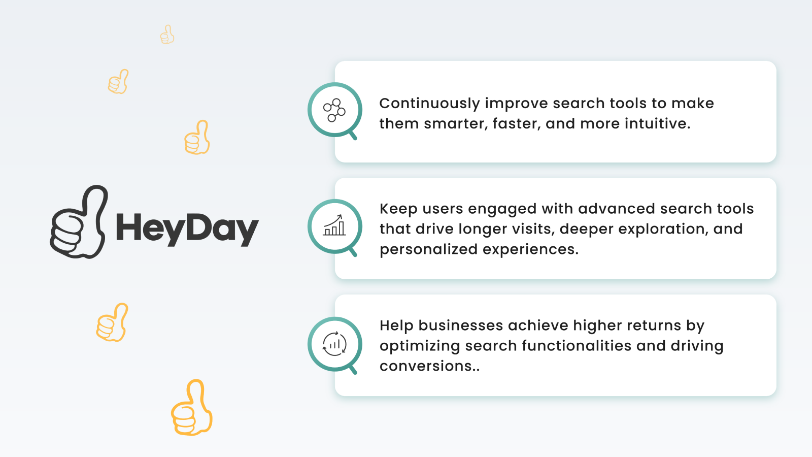 **Features** - Overview of HeyDay Search More features.