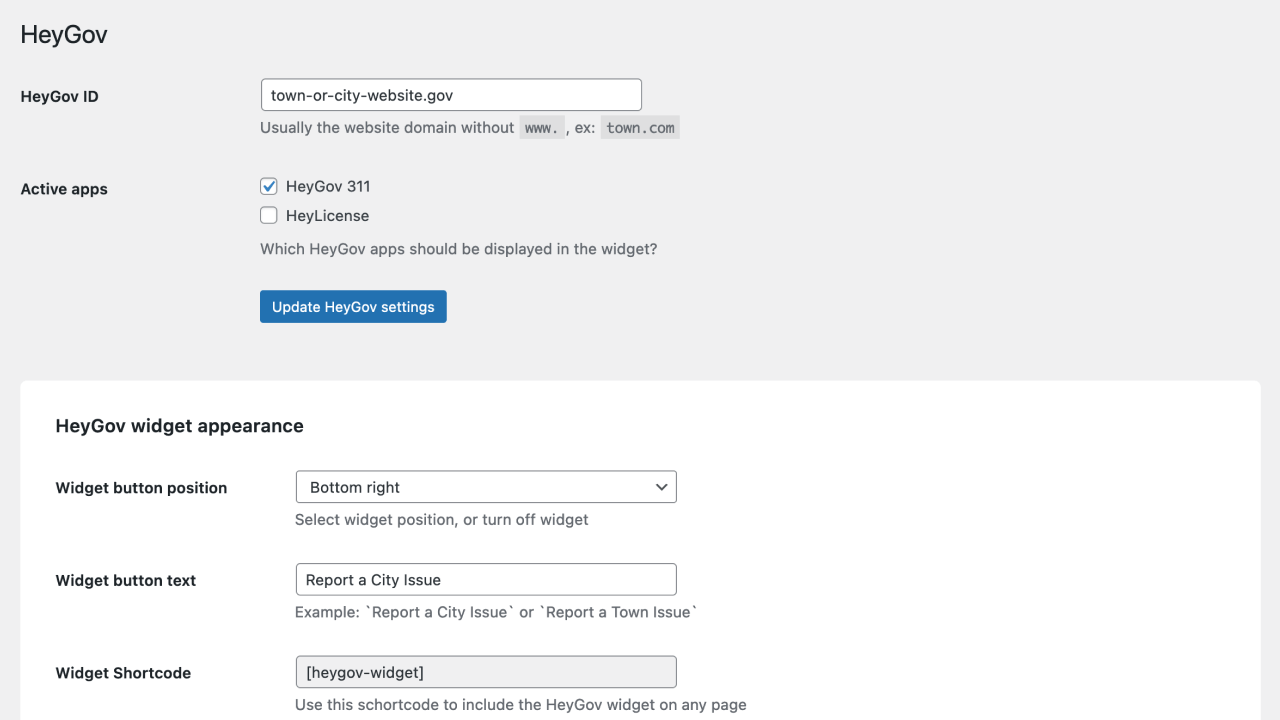 Customisable settings for HeyGov widget