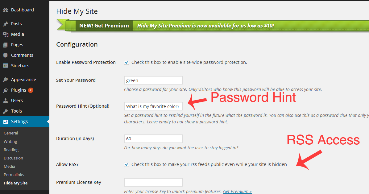 Setting password hint and RSS access