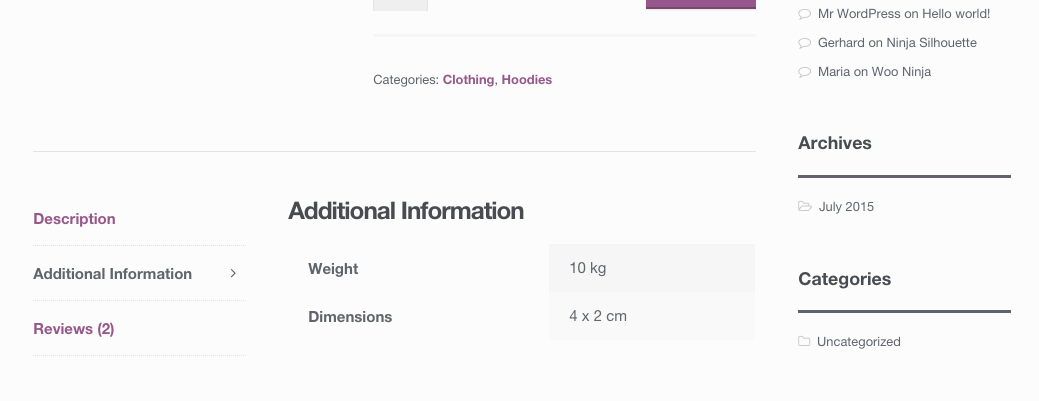 Shipping dimensions on a product page.