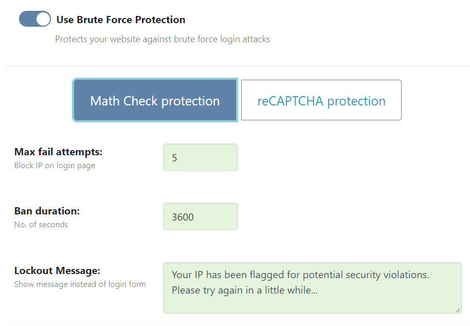 Activate the Brute Force Protection with Math reCaptcha