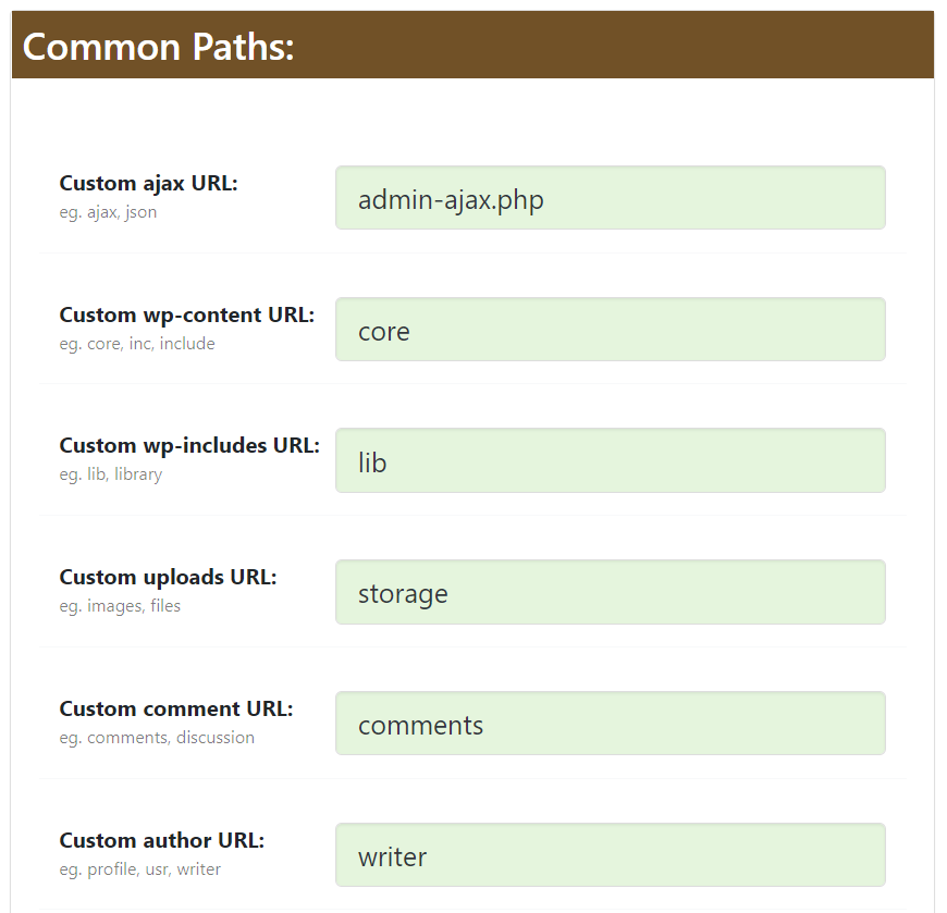 Add custom paths for wp-content, wp-includes, plugins, themes and more
