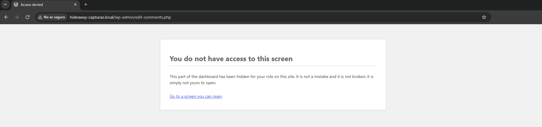 Hidden screens stay closed: opening one by its address shows a clear "no access" message instead of the screen.