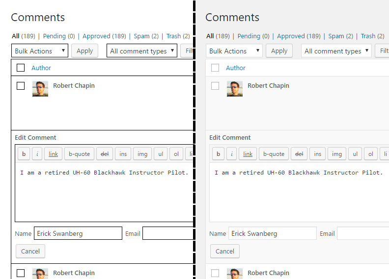 The comments page, with the plugin enabled (left) and disabled (right).