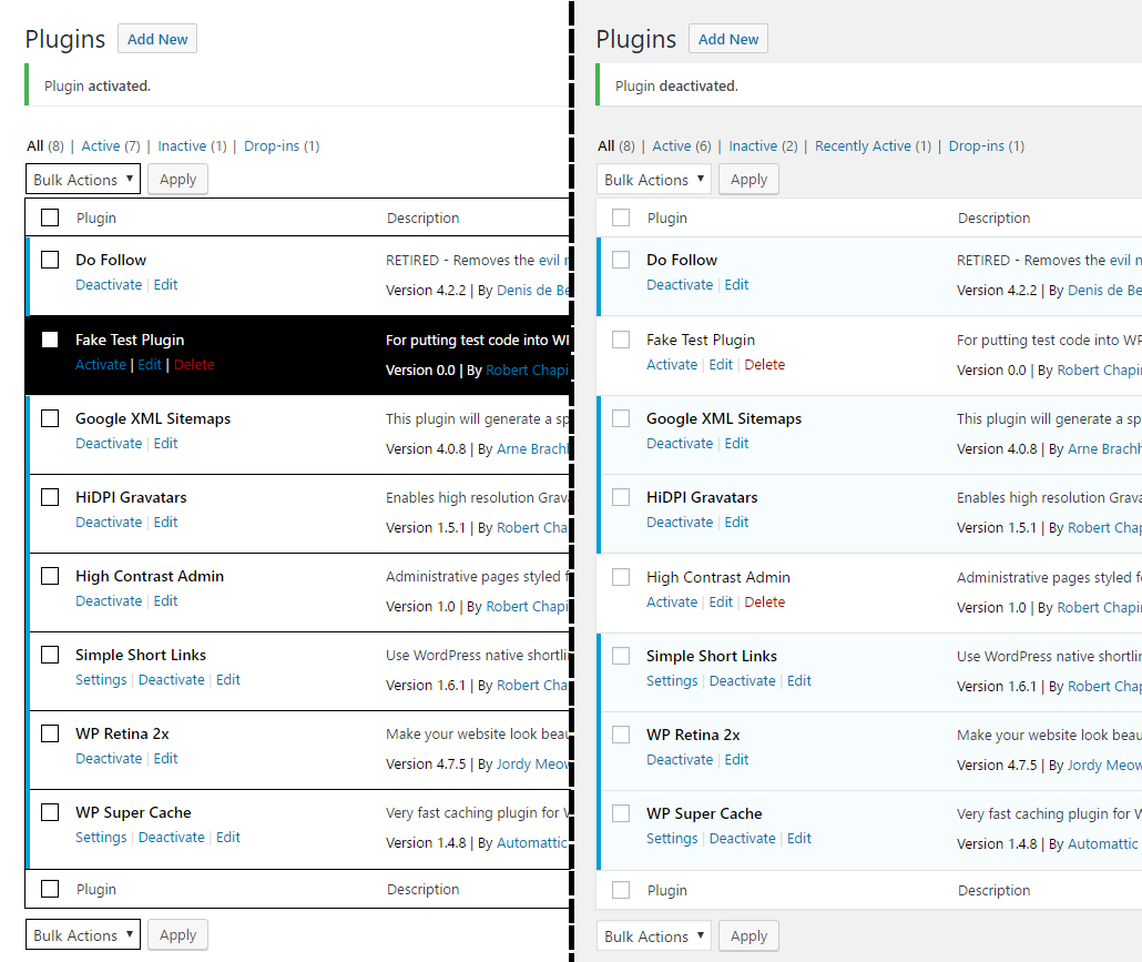 The plugins page, with the plugin enabled (left) and disabled (right).