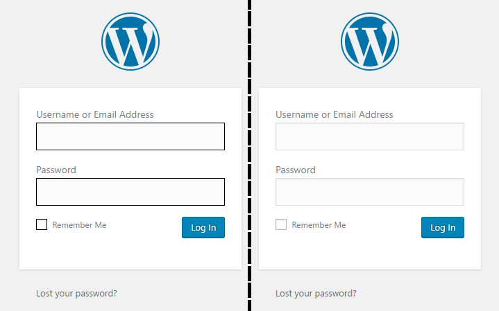 The login page, with the plugin enabled (left) and disabled (right).