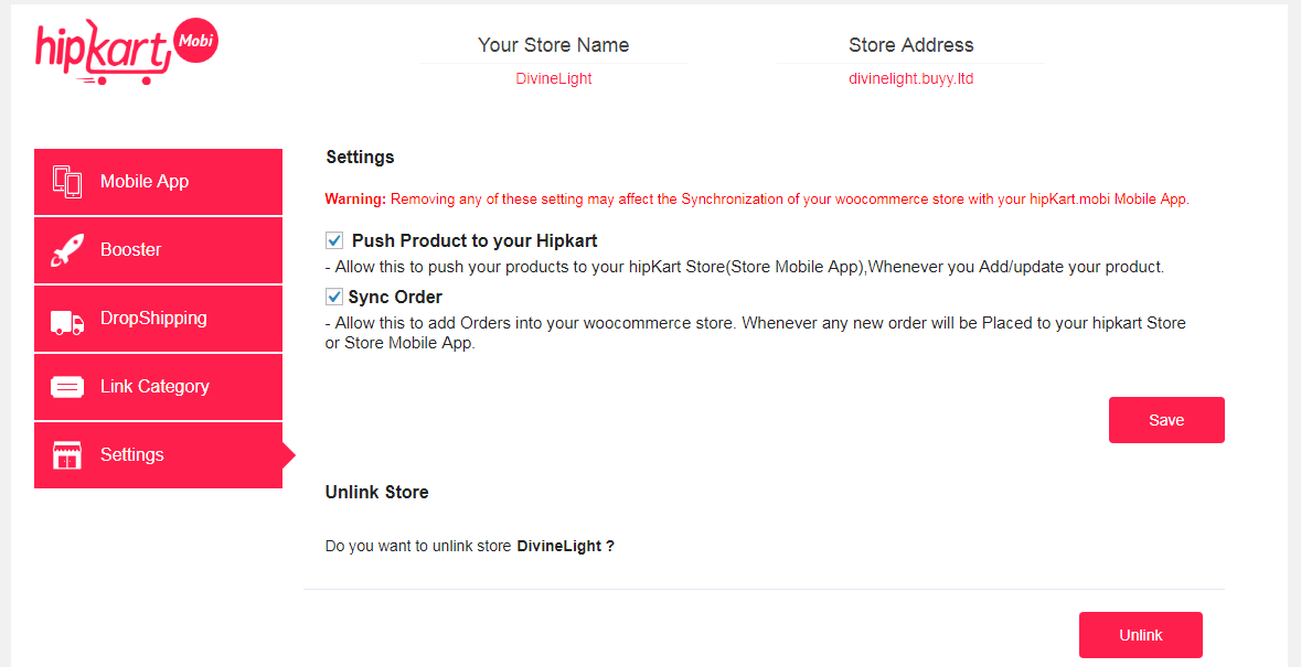 Settings to make Synchronization with App.