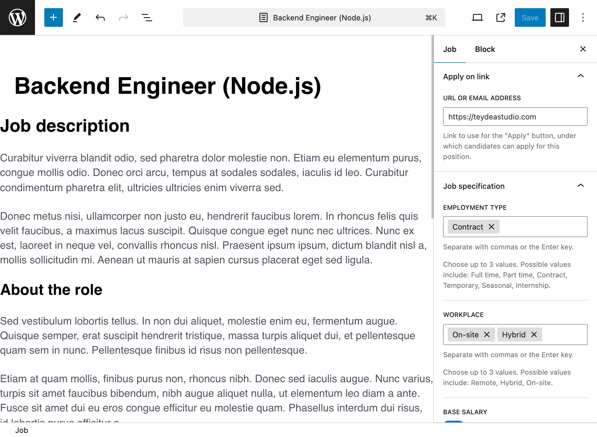 Job editor with job specification fields