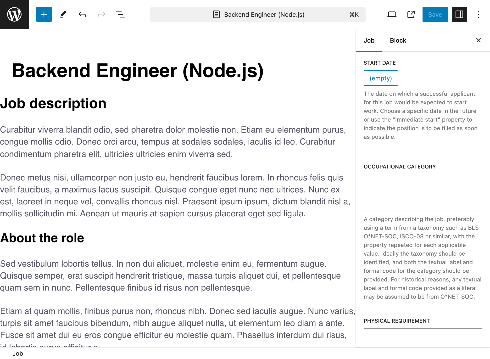Job editor with job specification fields