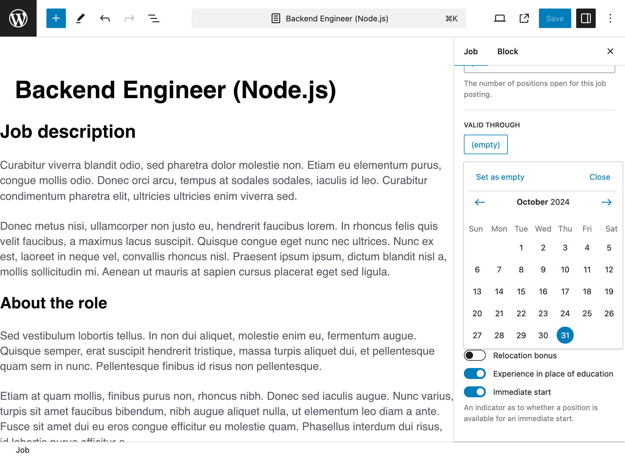 Job editor with job specification fields