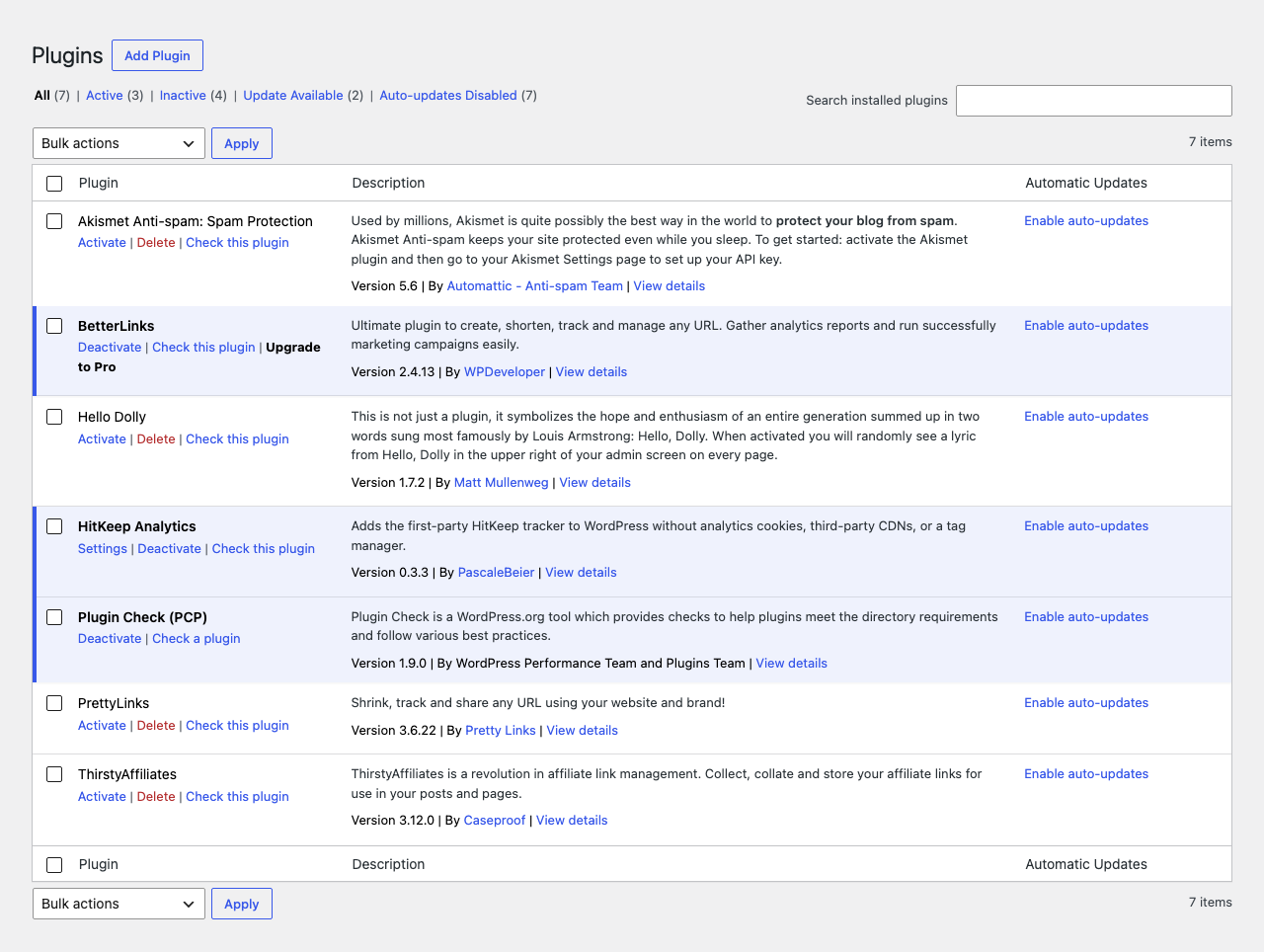 Active HitKeep plugin row with the Settings shortcut.