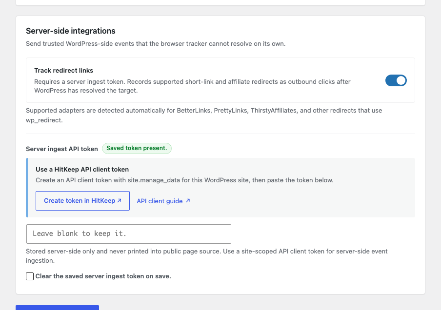 Server ingest API token field with the HitKeep API client token link and guide link.